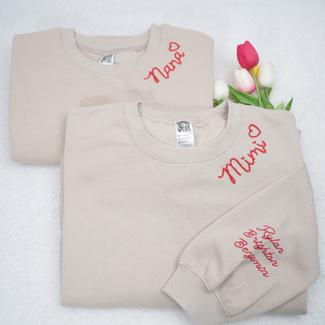 Custom Hand Embroidered Gigi Sweatshirt with Kids Name on Sleeve, Personalized Gigi Sweatshirt, Minimalist Grandma Sweater, Mothers Day Gift for Grandma Mimi Nana Gigi Gaga