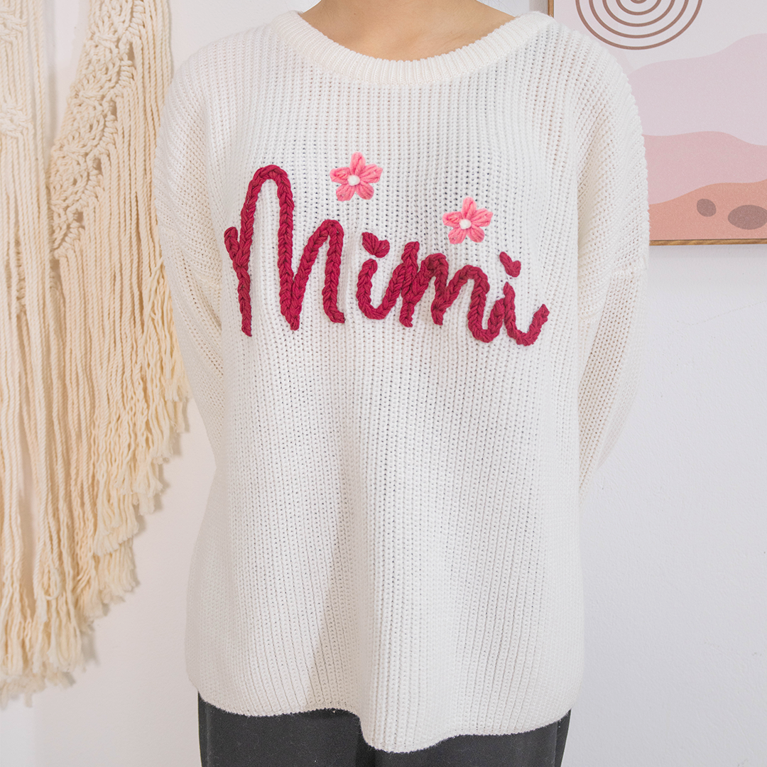 Custom Hand-Embroidered Knitted Sweater - Personalized Name Sweater for Grandma, Mimi, or Nana - Soft and Cozy Gift for Grandparents