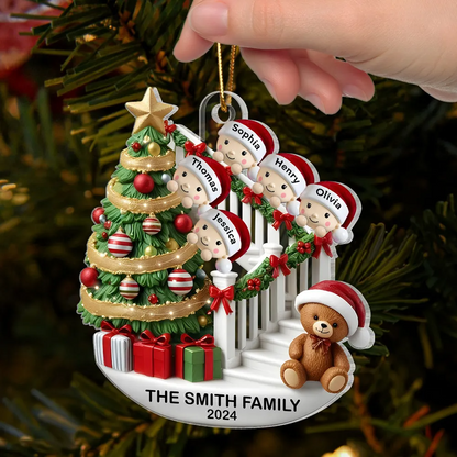 Family Members On Christmas Stairs 3D Effect Personalized Acrylic Flat Ornament