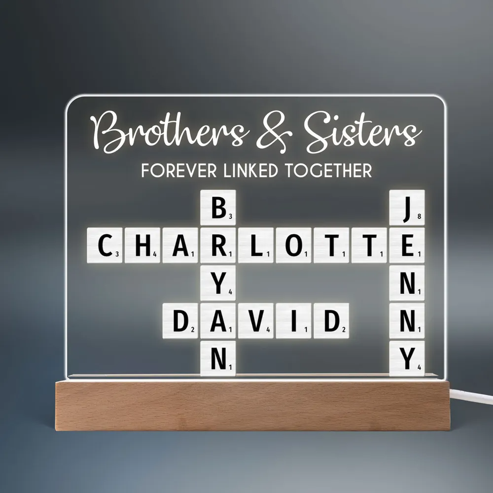 Brothers & Sisters Forever Linked Together Crossword Puzzle Art Personalized Acrylic Warm LED Night Light, Christmas Gift For Brothers, Sisters, Siblings, Family