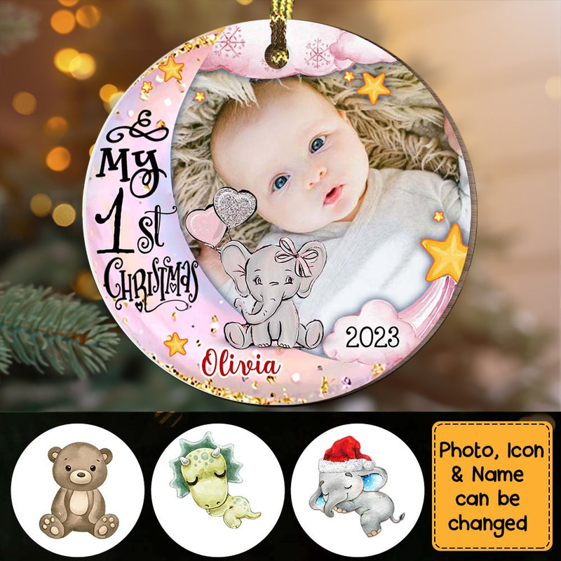 Baby's First Christmas Animal Upload Photo Circle Ornament