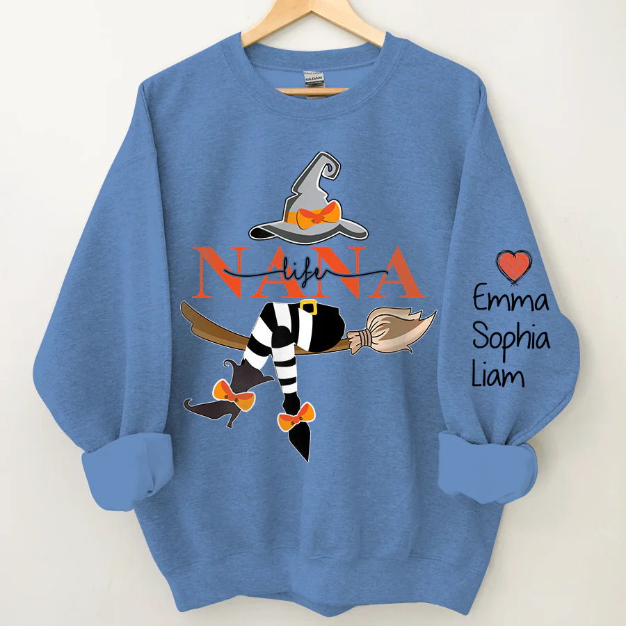 Personalized Nana Life Witch Halloween Sweatshirt, Custom Grandma With Grandkids Name On The Sleeve Halloween Sweatshirt