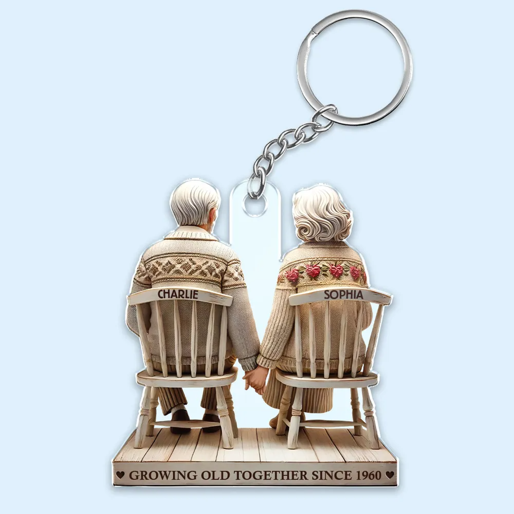 3D Effect Old Couple Holding Hands Sitting Together Personalized Keychain, Heartfelt Gift For Couple, For Him, For Her, Husband, Wife