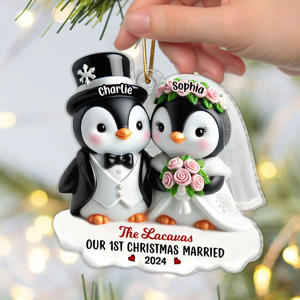 3D Effect Penguins Just Married Couple Groom & Bride Wedding First Christmas Together Personalized Acrylic Ornament