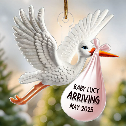 Stork Carrying Baby Bundle New Baby Arriving 3D Effect Personalized Acrylic Flat Ornament