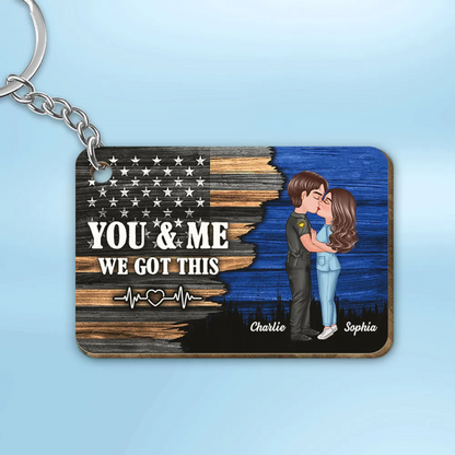 Hero Couple Kissing Half Flag Gift by Occupation Firefighter, Nurse, Police Officer Personalized Wooden Keychain