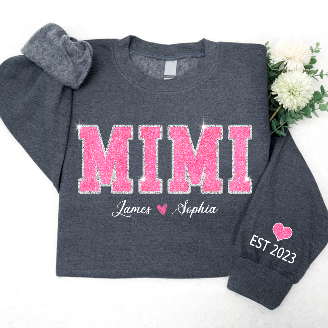 Personalized Mimi Pink Glitter, Custom Grandma Est With Kids TH Sweatshirt