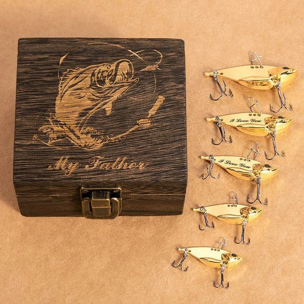 Personalized 2 Pcs Metal Bionic Fishing Lures Wooden Box Set with Engraved Text Birthday Fisherman Gift for Dad Husband