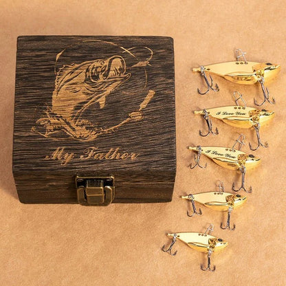 Personalized 2 Pcs Metal Bionic Fishing Lures Wooden Box Set with Engraved Text Birthday Fisherman Gift for Dad Husband