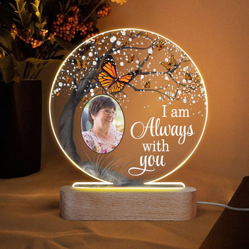 Butterfly Always With You Blossom Tree Family Memorial Photo Personalized Circle Acrylic Plaque LED Lamp Night Light