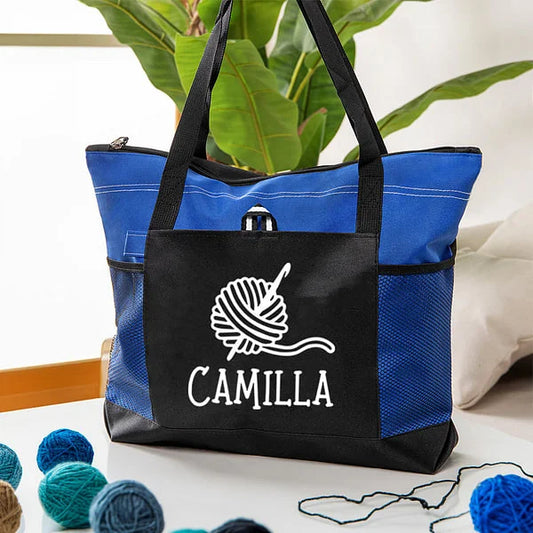 Personalised Knitted Design Large Mesh Tote Bag with Name Birthday Gift for Sewing Crocheting Lovers