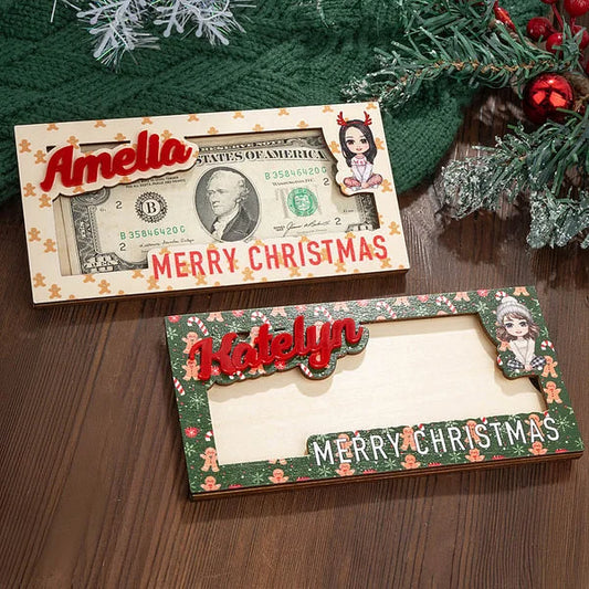 Personalised Merry Christmas Cute Cartoon Character Wooden Money Holder with Name Holiday Party Favors Gift for Kids