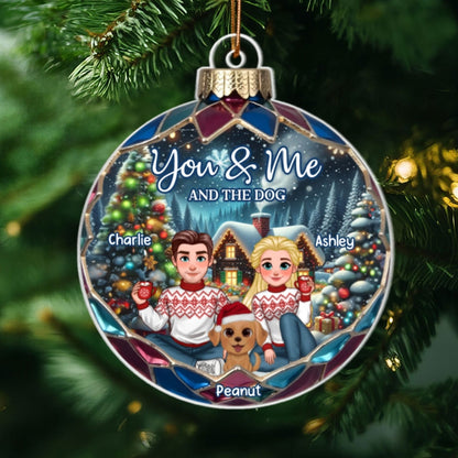 Animated Couple And Dogs Cats Beautiful Christmas Personalized Acrylic Ornament, Christmas Gift For Family