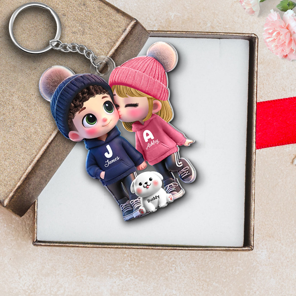 3D Cute Cartoon Couple You Me And The Dog Cat Personalized Acrylic Keychain, Valentine's Day Gift for Him, Gift for Her