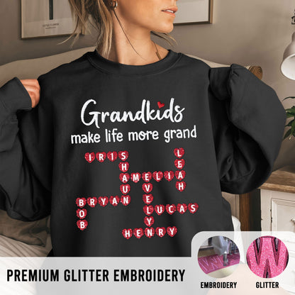 Grandkids Make Life More Grand Crossword Puzzle Art Personalized Glitter Embroidery Sweater, Heartfelt Gift For Grandma