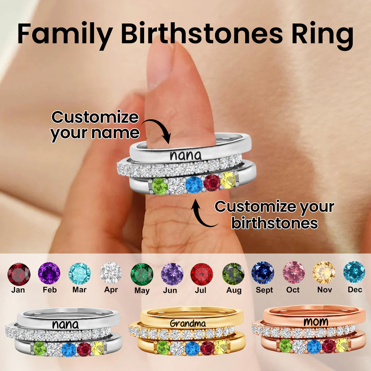 Personalized Family Birthstones Ring - Gift For Grandma/Mom