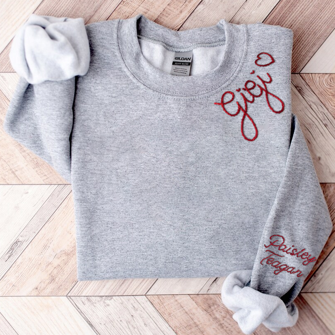 Custom Hand Embroidered Gigi Sweatshirt with Kids Name on Sleeve, Personalized Gigi Sweatshirt, Minimalist Grandma Sweater, Mothers Day Gift for Grandma Mimi Nana Gigi Gaga