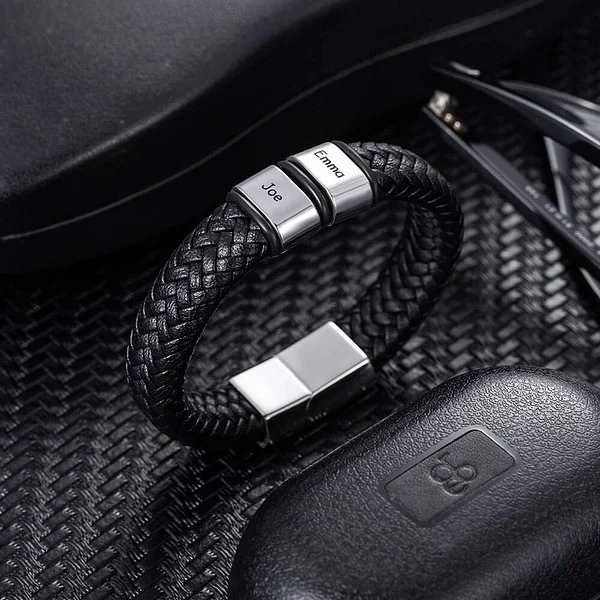 Men's Braided Leather Bracelet with 1-8 Engraved Name Beads Family Name Jewellery Gift for Men Dad