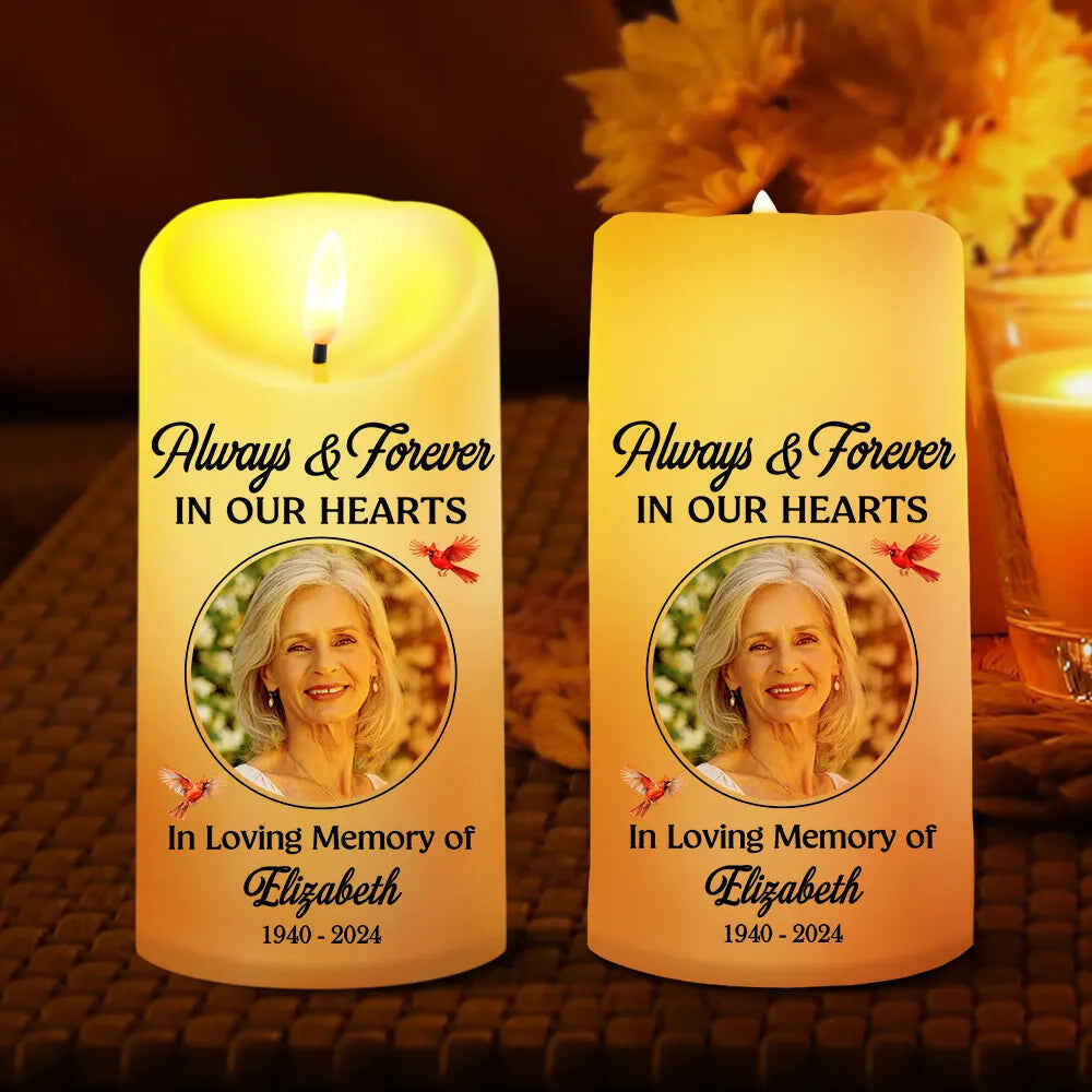 Custom Photo Always And Forever In Our Heart Memorial - Personalized Flameless LED Candle