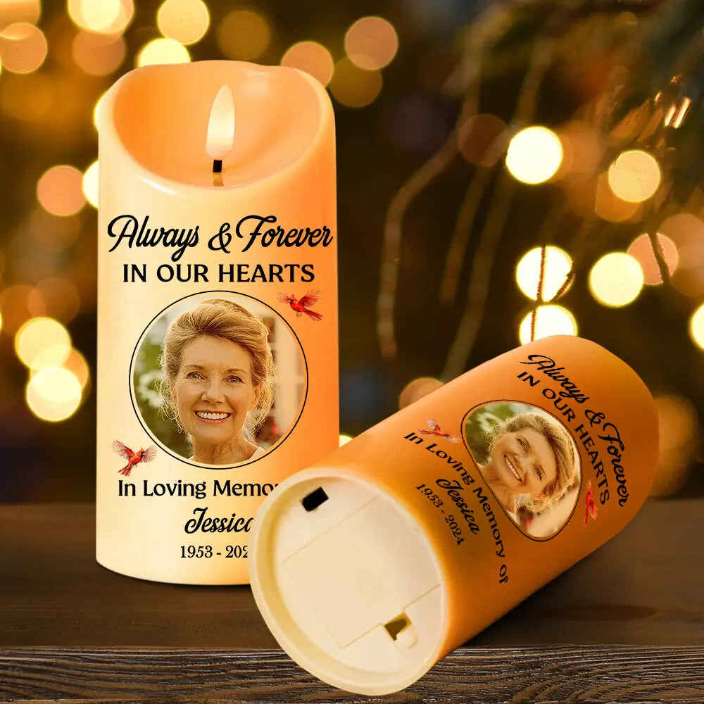 Custom Photo Always And Forever In Our Heart Memorial - Personalized Flameless LED Candle