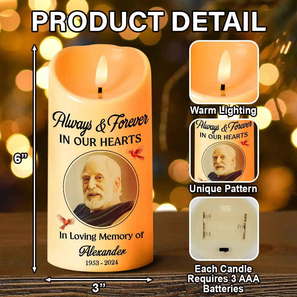 Custom Photo Always And Forever In Our Heart Memorial - Personalized Flameless LED Candle