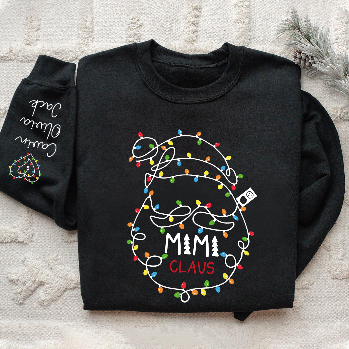 Custom Mimi Claus Christmas Lights Sweatshirt, Personalized Grandma Sweatshirt with Children Name on Sleeve