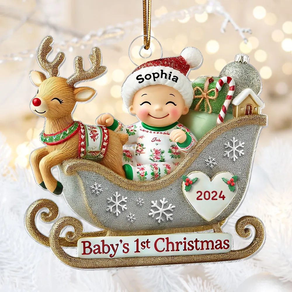 Baby First Christmas Newborn On Sleigh Keepsake Personalized Acrylic Ornament