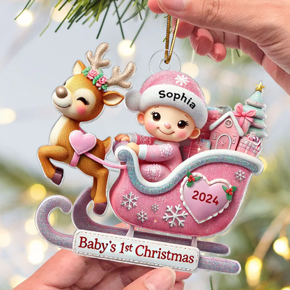 Baby First Christmas Newborn On Sleigh Keepsake Personalized Acrylic Ornament