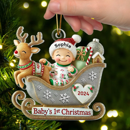 Baby First Christmas Newborn On Sleigh Keepsake Personalized Acrylic Ornament