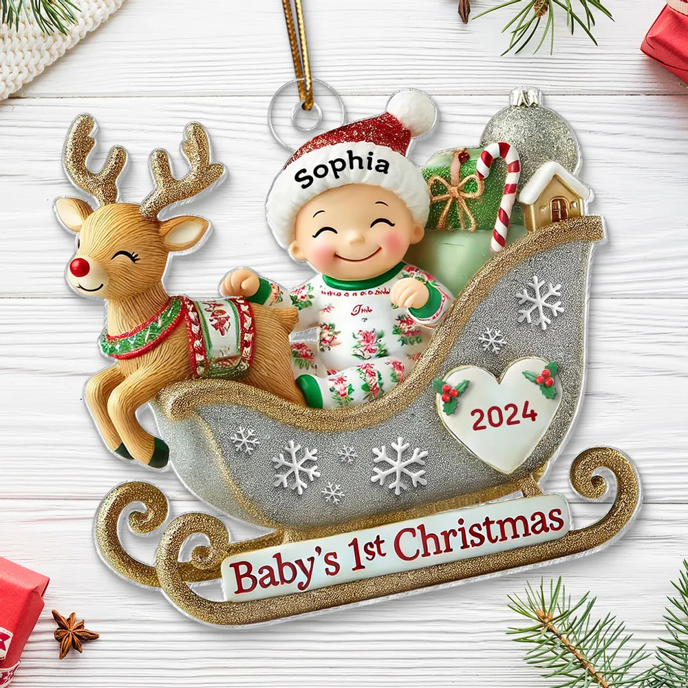 Baby First Christmas Newborn On Sleigh Keepsake Personalized Acrylic Ornament