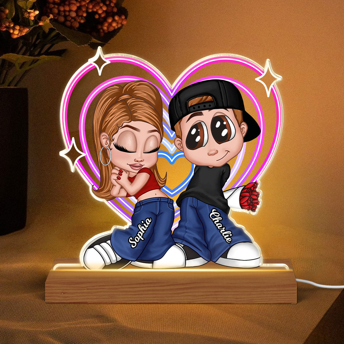Y2K Couple Retro Heart Personalized Acrylic LED Night Light, Anniversary Gift,  Gift for Him for Her