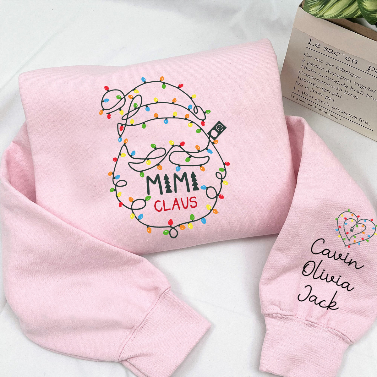 Custom Mimi Claus Christmas Lights Sweatshirt, Personalized Grandma Sweatshirt with Children Name on Sleeve