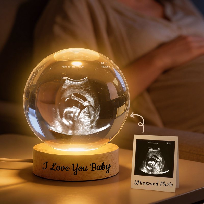Custom Baby Ultrasound - Personalized Crystal Ball LED Night Light - Engraved Wooden Base, Sentimental Mother's Day Gift for Her