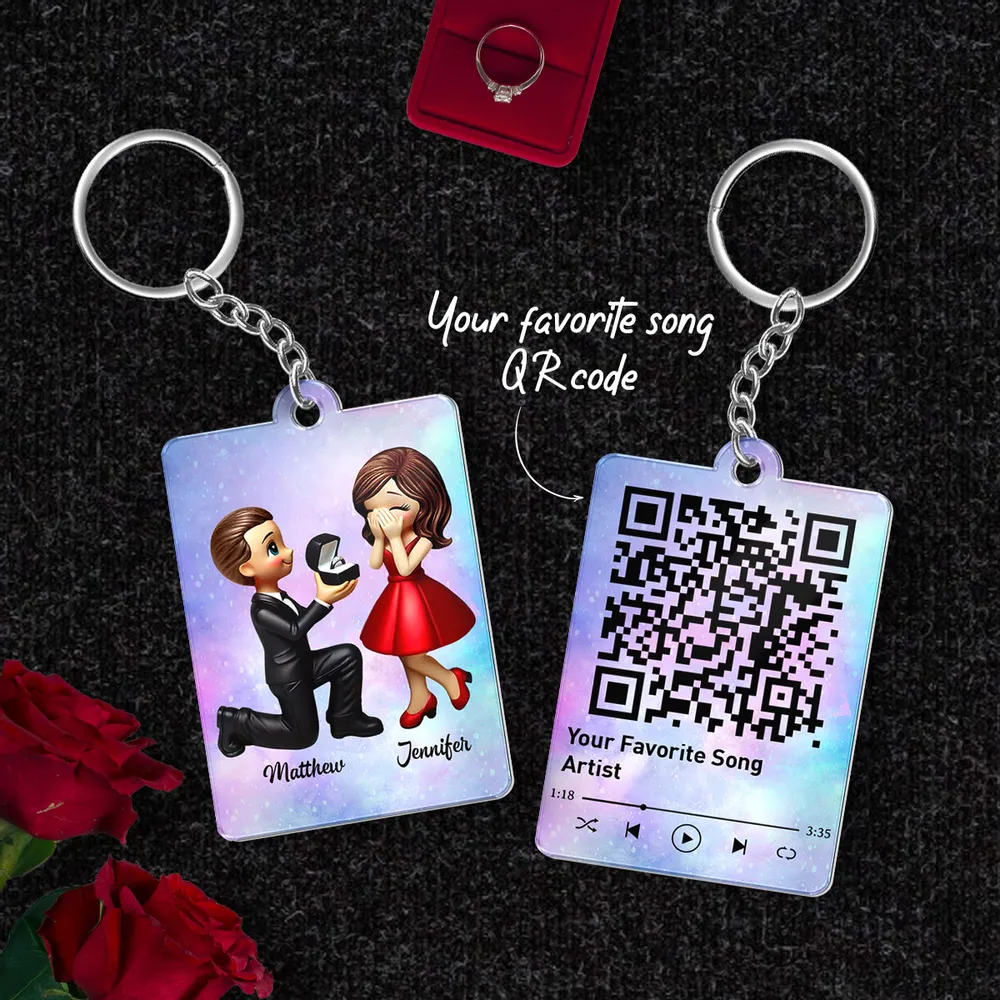 Newly Engaged Couple Gift Personalized Acrylic Flat Keychain, Just Engaged Valentine's Day Gifts for Couples, Favorite Song Scannable QR Code