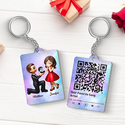 Newly Engaged Couple Gift Personalized Acrylic Flat Keychain, Just Engaged Valentine's Day Gifts for Couples, Favorite Song Scannable QR Code