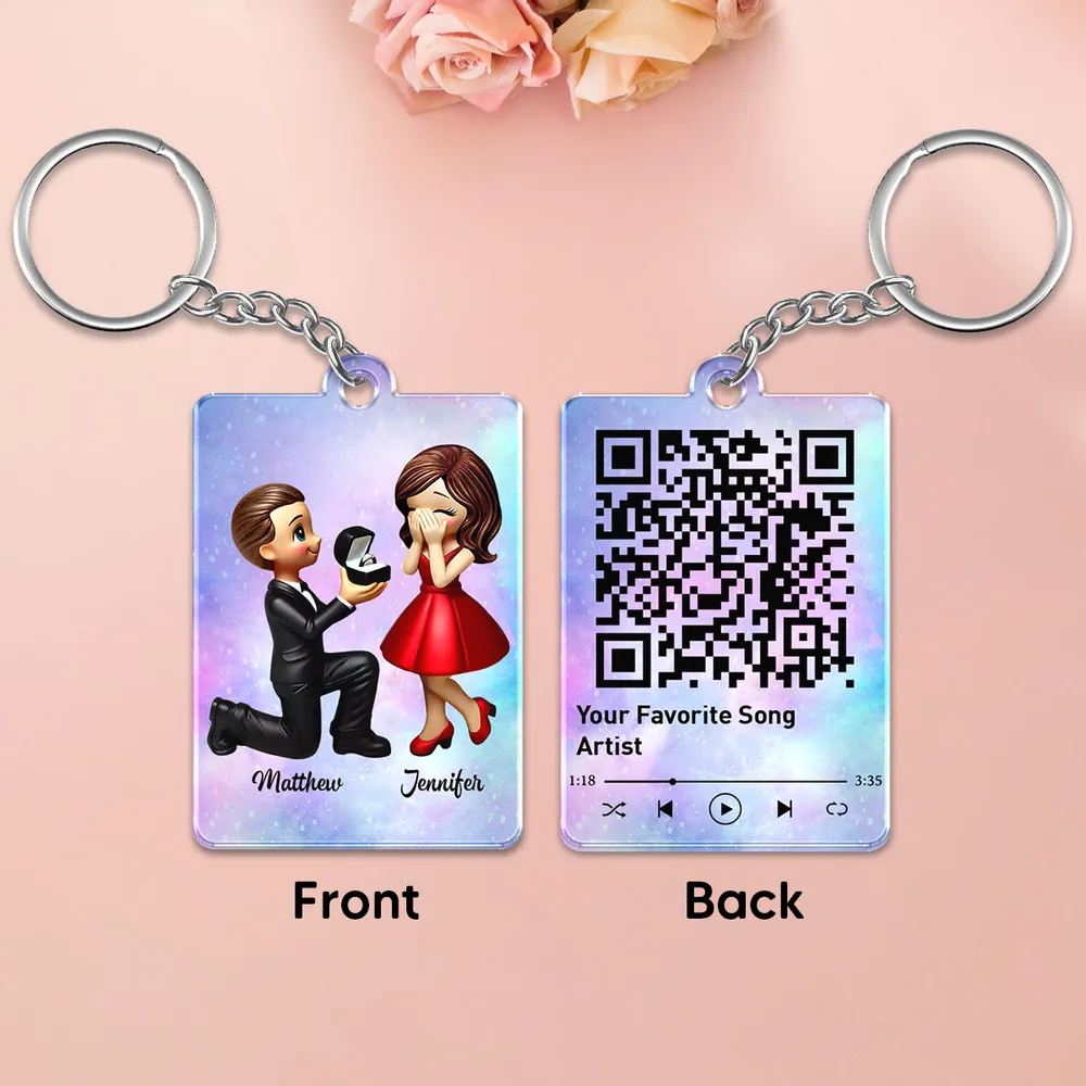 Newly Engaged Couple Gift Personalized Acrylic Flat Keychain, Just Engaged Valentine's Day Gifts for Couples, Favorite Song Scannable QR Code