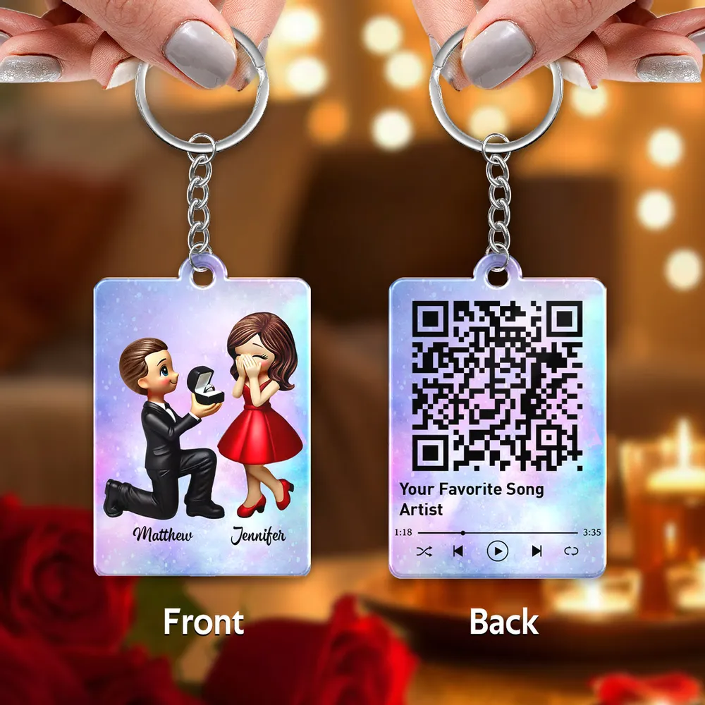 Newly Engaged Couple Gift Personalized Acrylic Flat Keychain, Just Engaged Valentine's Day Gifts for Couples, Favorite Song Scannable QR Code