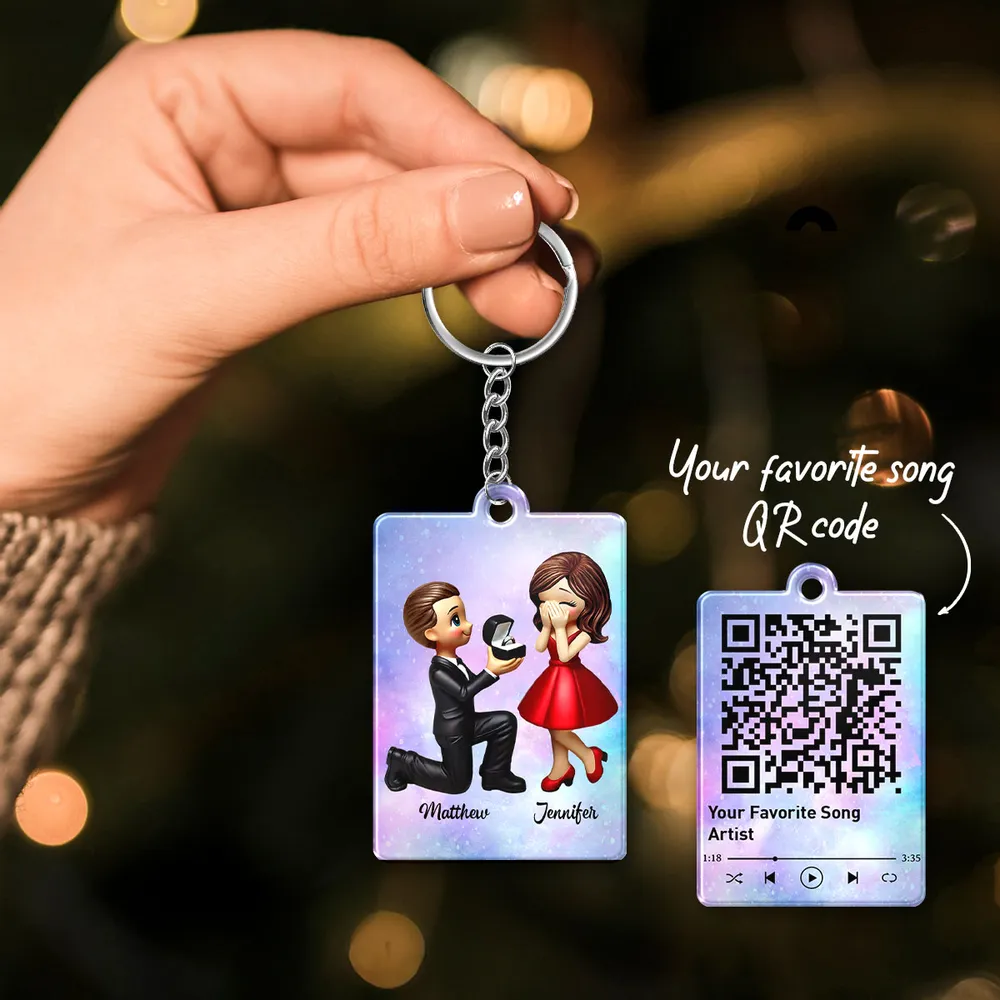 Newly Engaged Couple Gift Personalized Acrylic Flat Keychain, Just Engaged Valentine's Day Gifts for Couples, Favorite Song Scannable QR Code