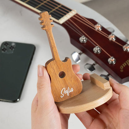 Personalised Retro Guitar Shaped Wooden Phone Table Stand with Engraved Name Desk Decor Birthday Gift for Guitar Lovers