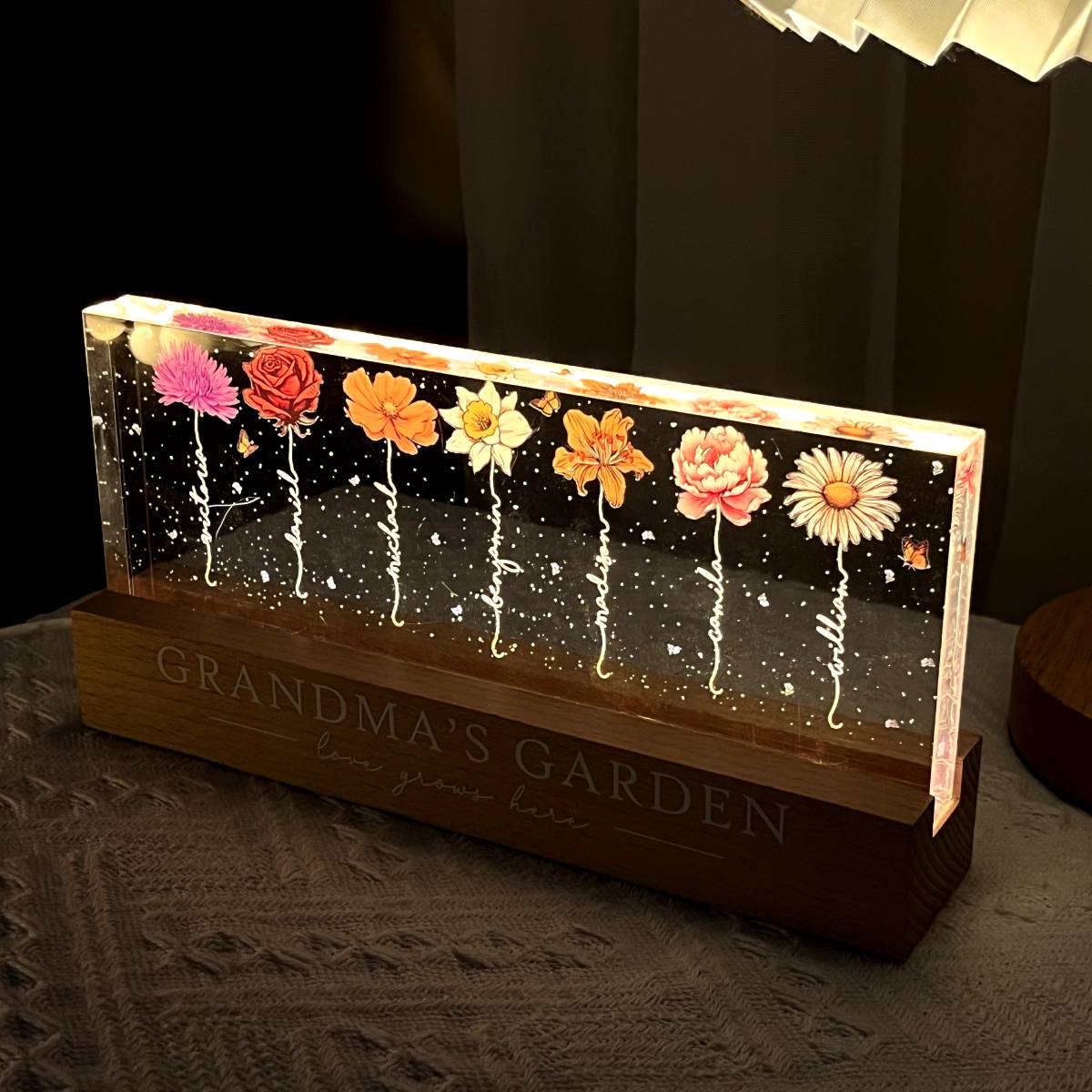 Grandma‘s Garden Birth Month Flowers Personalized Acrylic Block LED Night Light, Christmas Gift For Grandma, Mom, Auntie, Sister