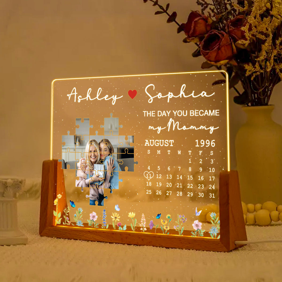 The Day You Became My Mom Grandma Upload Photo Puzzle Calendar Personalized U-Base Acrylic LED Night Light
