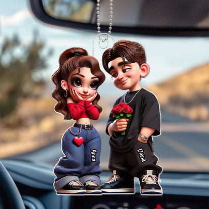 3D Effect Y2K Couple Personalized Acrylic Car Hanger, Valentine's Day Gift For Couple, For Him, For Her