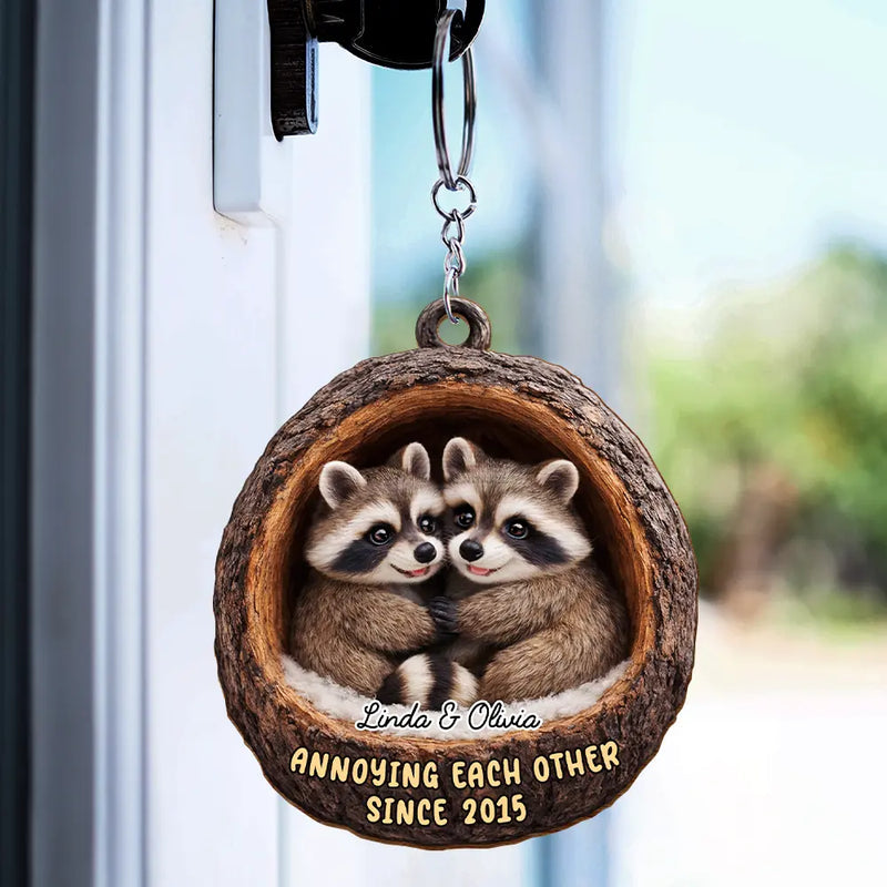 3D Effect Couple Raccoon Annoying Each Other - Personalized Wooden Keychain
