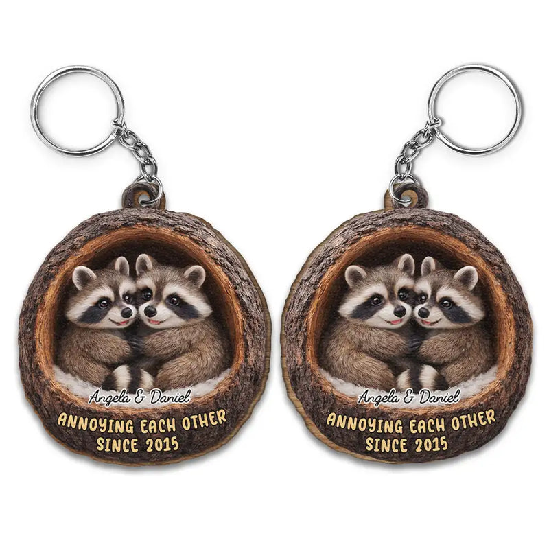 3D Effect Couple Raccoon Annoying Each Other - Personalized Wooden Keychain