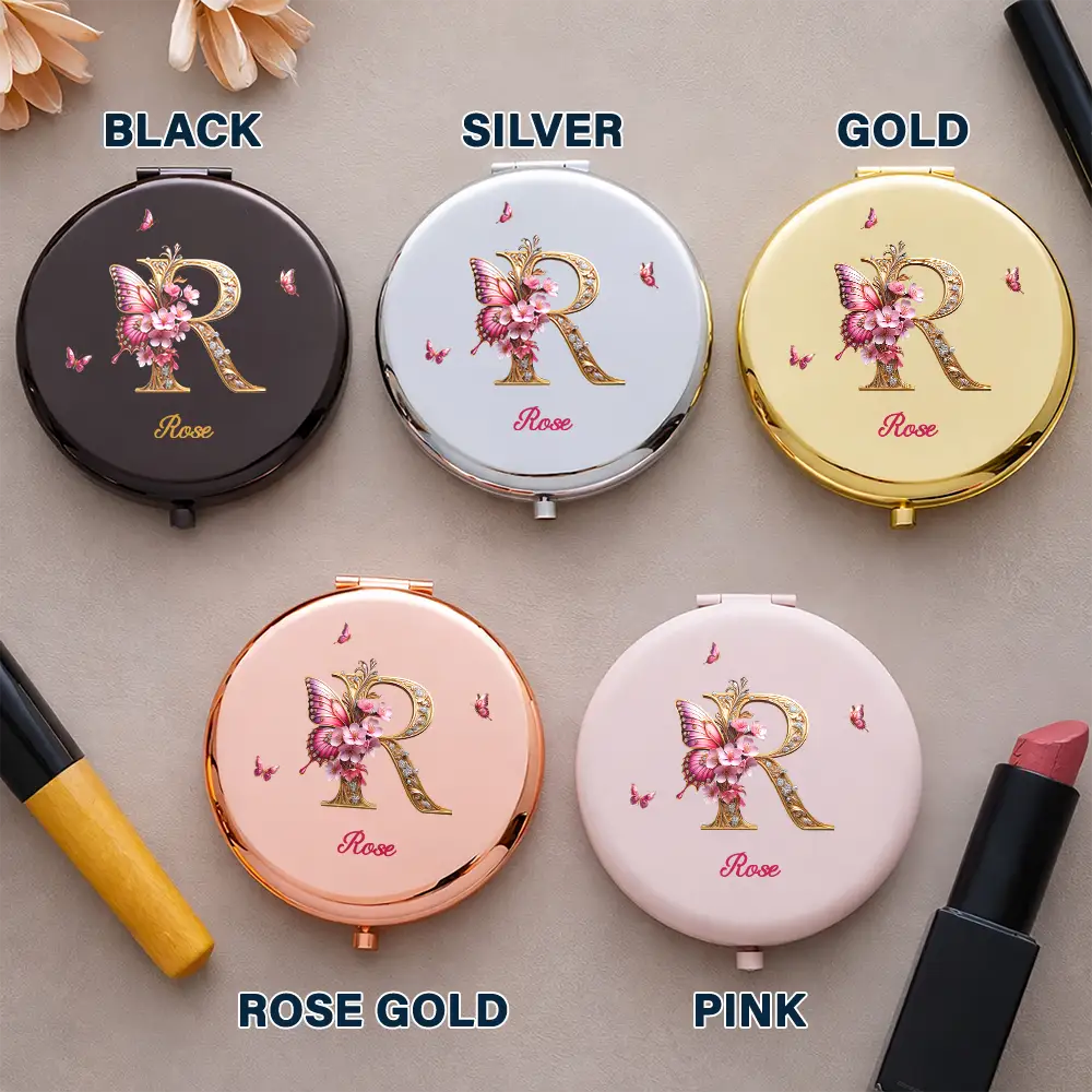 3D Effect Flower & Butterfly Monogram Shine With Love And Admiration - Personalized Compact Mirror