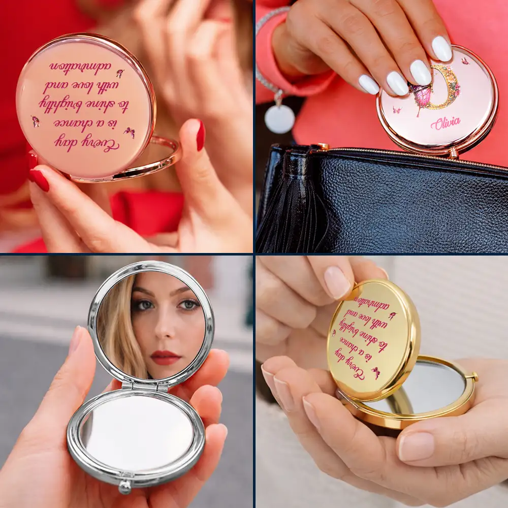 3D Effect Flower & Butterfly Monogram Shine With Love And Admiration - Personalized Compact Mirror
