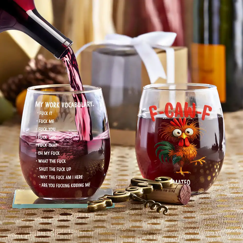 3D Effect Funny Chicken F-CAW-F My Work Vocabulary - Personalized Stemless Wine Glass