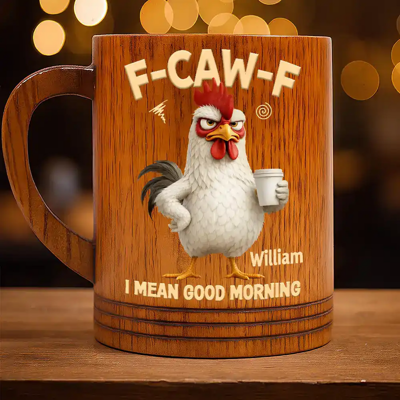 3D Effect Funny Chicken F-Caw-F I Mean Good Morning - Personalized Wooden Mug