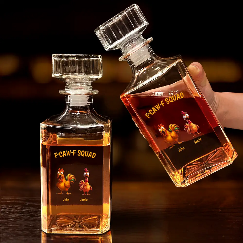 3D Effect Funny Chickens F-CAW-F Squad - Personalized Square Whiskey Bottle