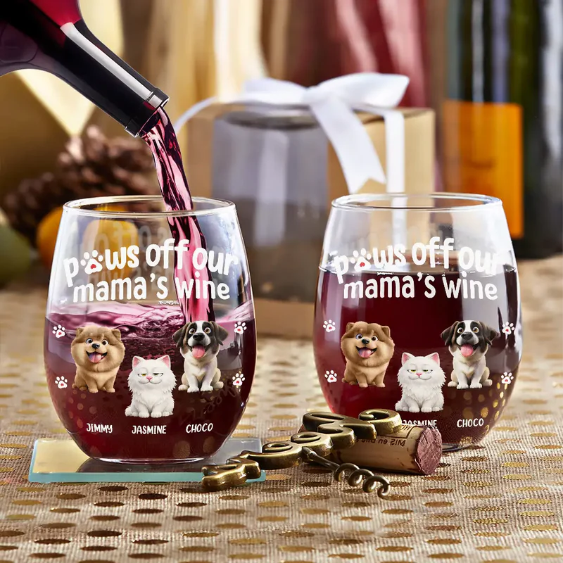 3D Effect Funny Dog Cat Paws Off My Mom's Wine - Personalized Stemless Wine Glass